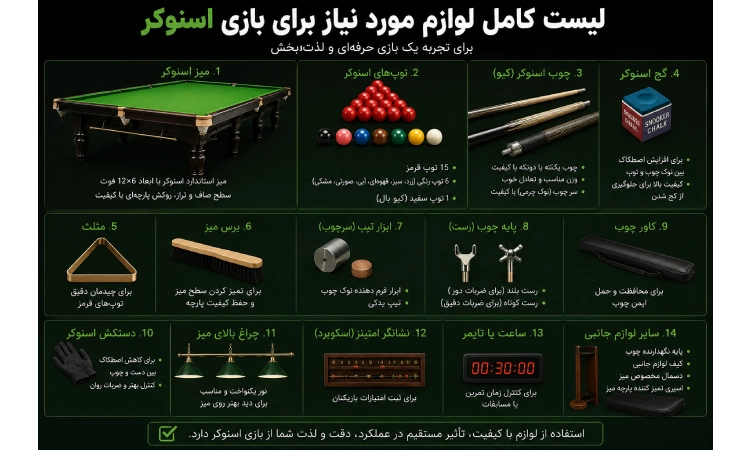 لیست کامل لوازم مورد نیاز برای بازی اسنوکر
